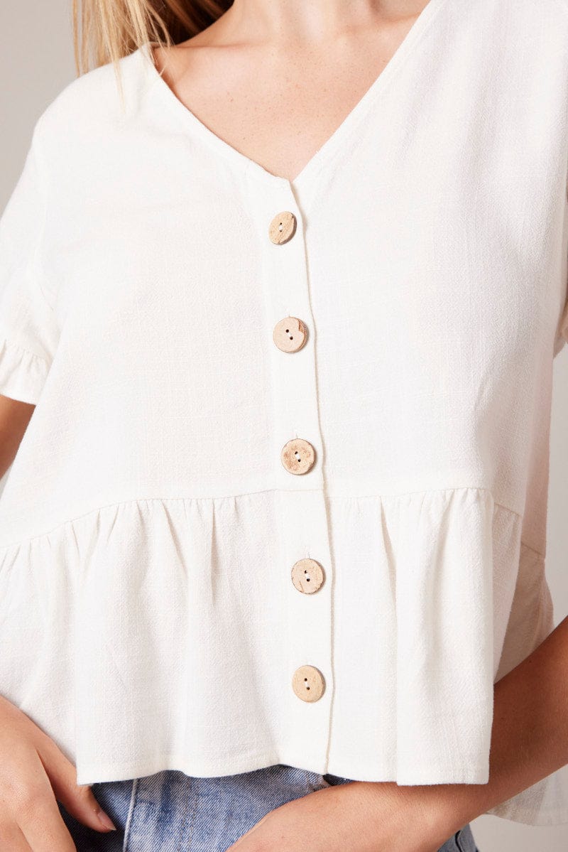 White Button Up Top V-Neck Frill Hem Top Linen for Ally Fashion