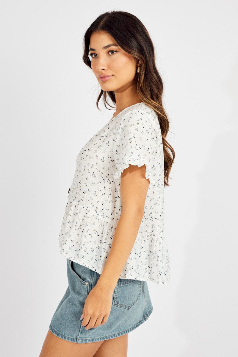 White Ditsy Button Up Top V-Neck Frill Hem Top Linen for Ally Fashion