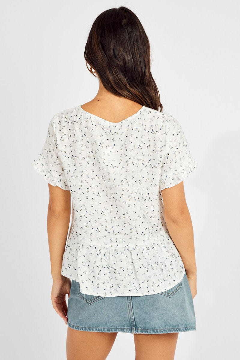 White Ditsy Button Up Top V-Neck Frill Hem Top Linen for Ally Fashion