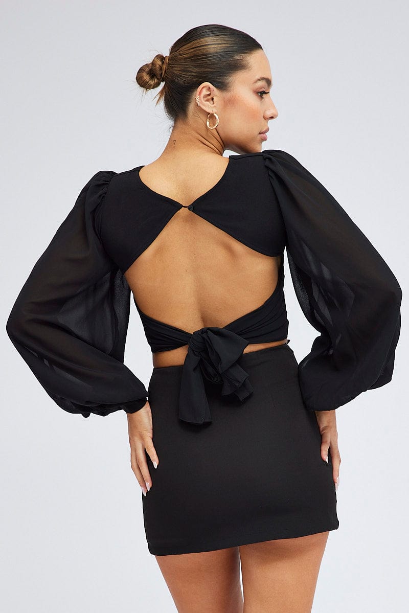 Black Crop Top Long Balloon Sleeve Backless Plunge Top for Ally Fashion