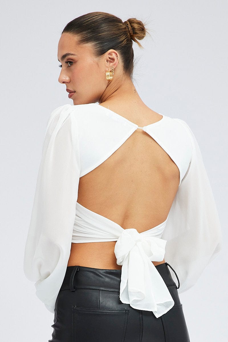 White Crop Top Long Balloon Sleeve Backless Plunge Top | Ally Fashion White Crop Top Long Balloon Sleeve Backless Plunge Top | Ally Fashion