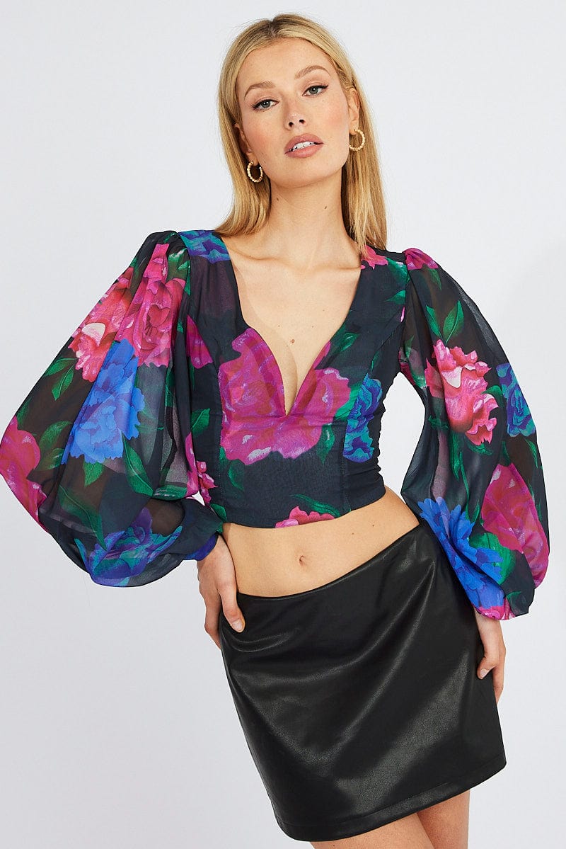 Multi Floral Plunge Crop Top Balloon Sleeve Tie back for Ally Fashion