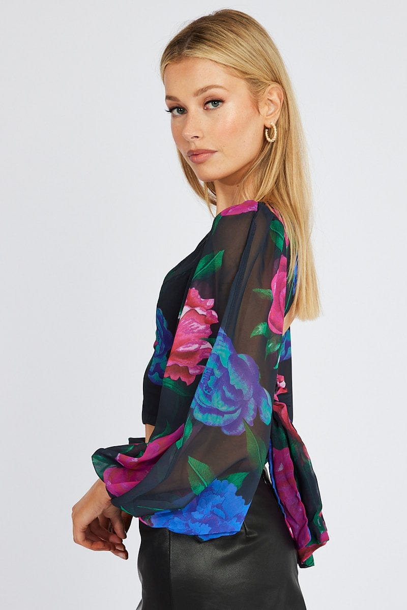 Multi Floral Plunge Crop Top Balloon Sleeve Tie back for Ally Fashion