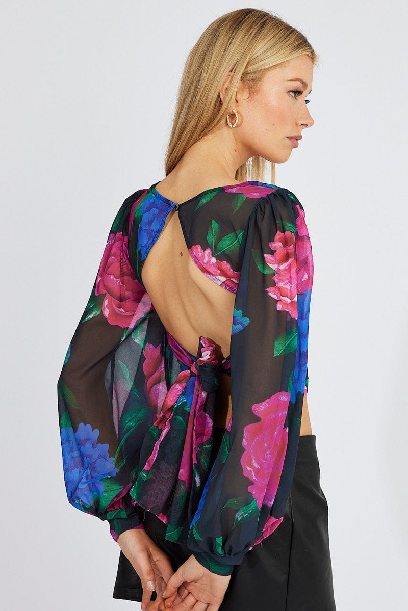 Multi Floral Plunge Crop Top Balloon Sleeve Tie back for Ally Fashion