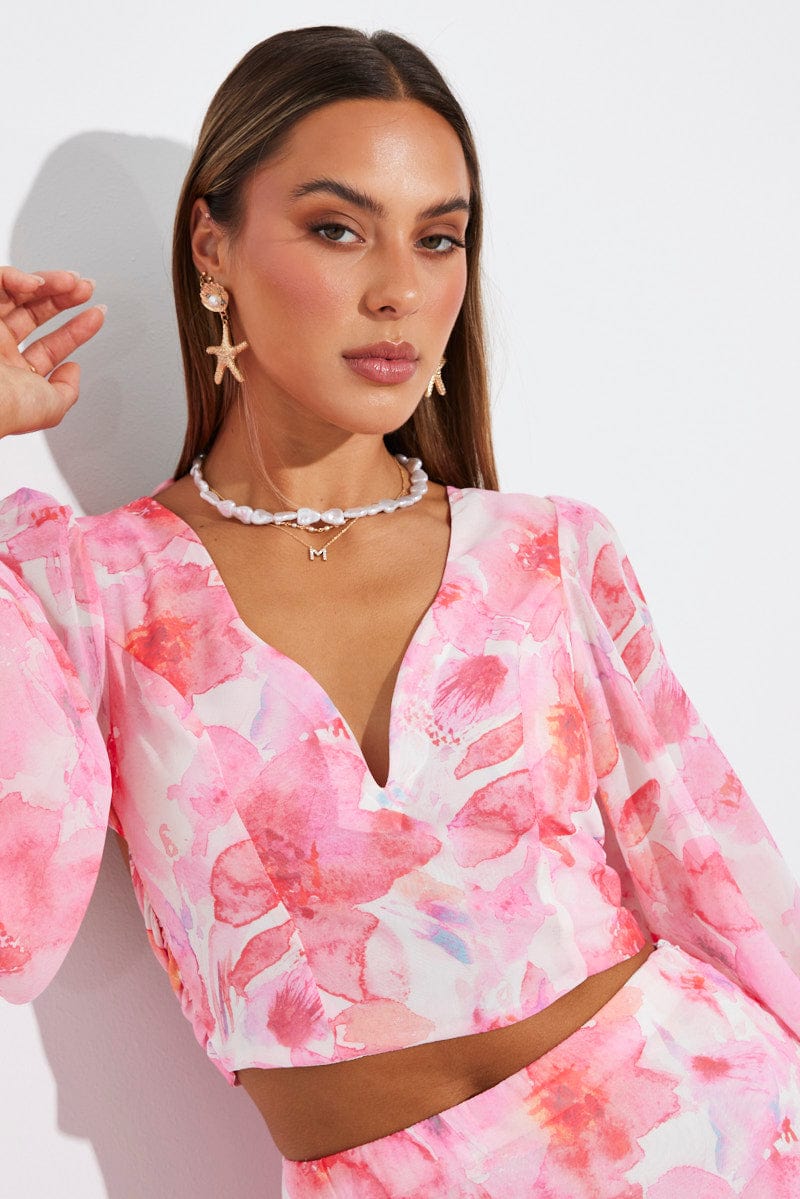 Multi Floral Plunge Crop Top Balloon Sleeve Tie back for Ally Fashion