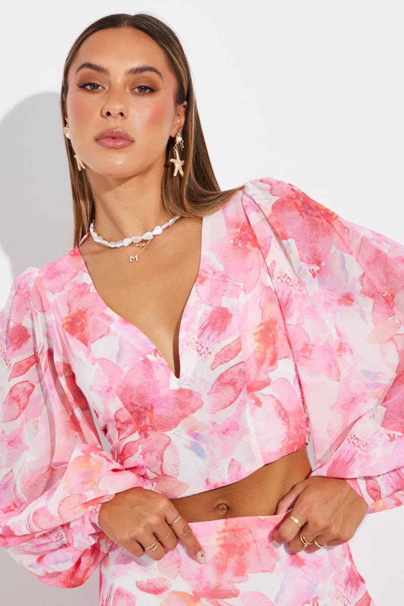 Multi Floral Plunge Crop Top Balloon Sleeve Tie back for Ally Fashion