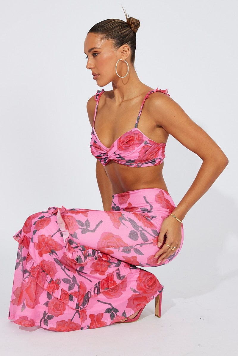 Multi Floral Bralette Crop Top Ruffle Shoulder Gathered for Ally Fashion