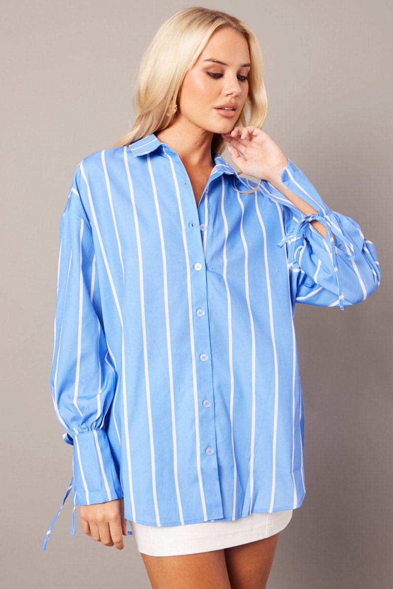 Blue Stripe Relaxed Shirt Long Sleeve Cuff Tie for Ally Fashion