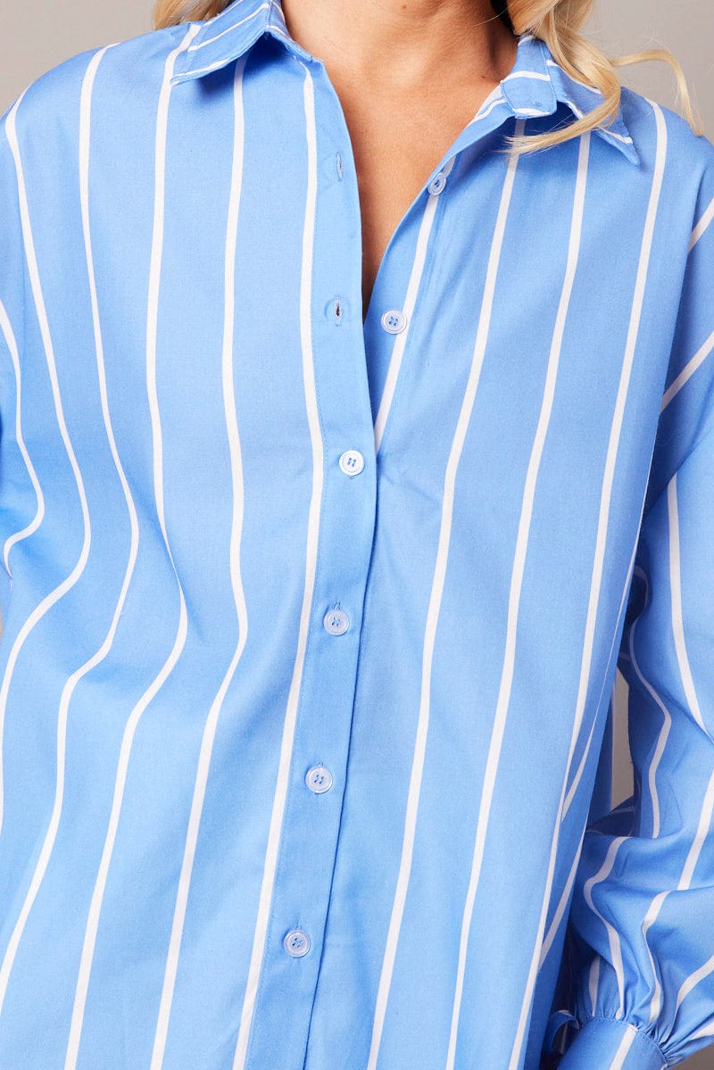 Blue Stripe Relaxed Shirt Long Sleeve Cuff Tie for Ally Fashion