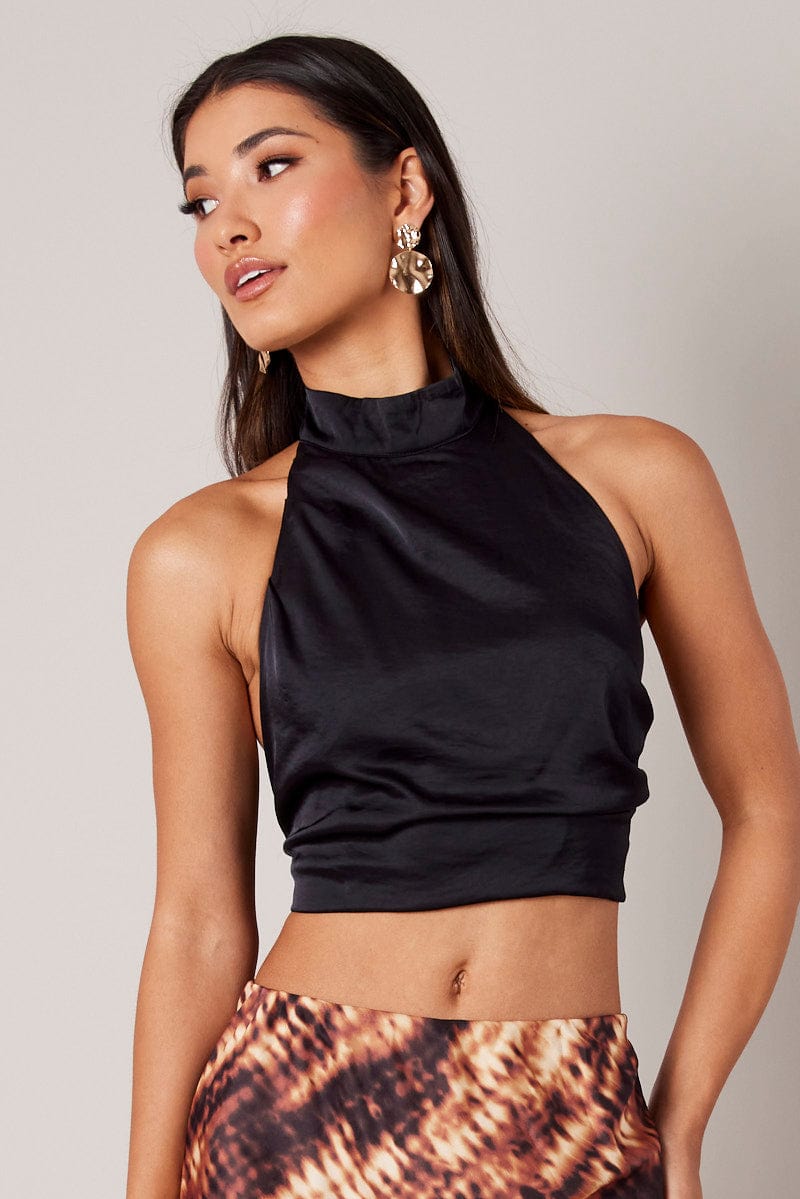 Black High Neck Top Sleeveless Tie Back Satin for Ally Fashion