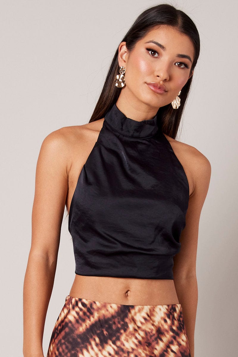 Black High Neck Top Sleeveless Tie Back Satin for Ally Fashion