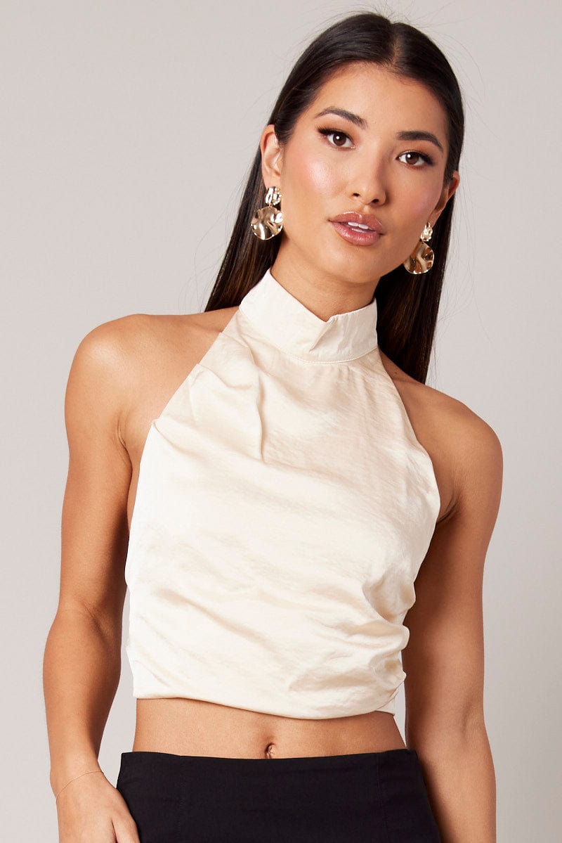 Beige High Neck Top Sleeveless Tie Back Satin for Ally Fashion