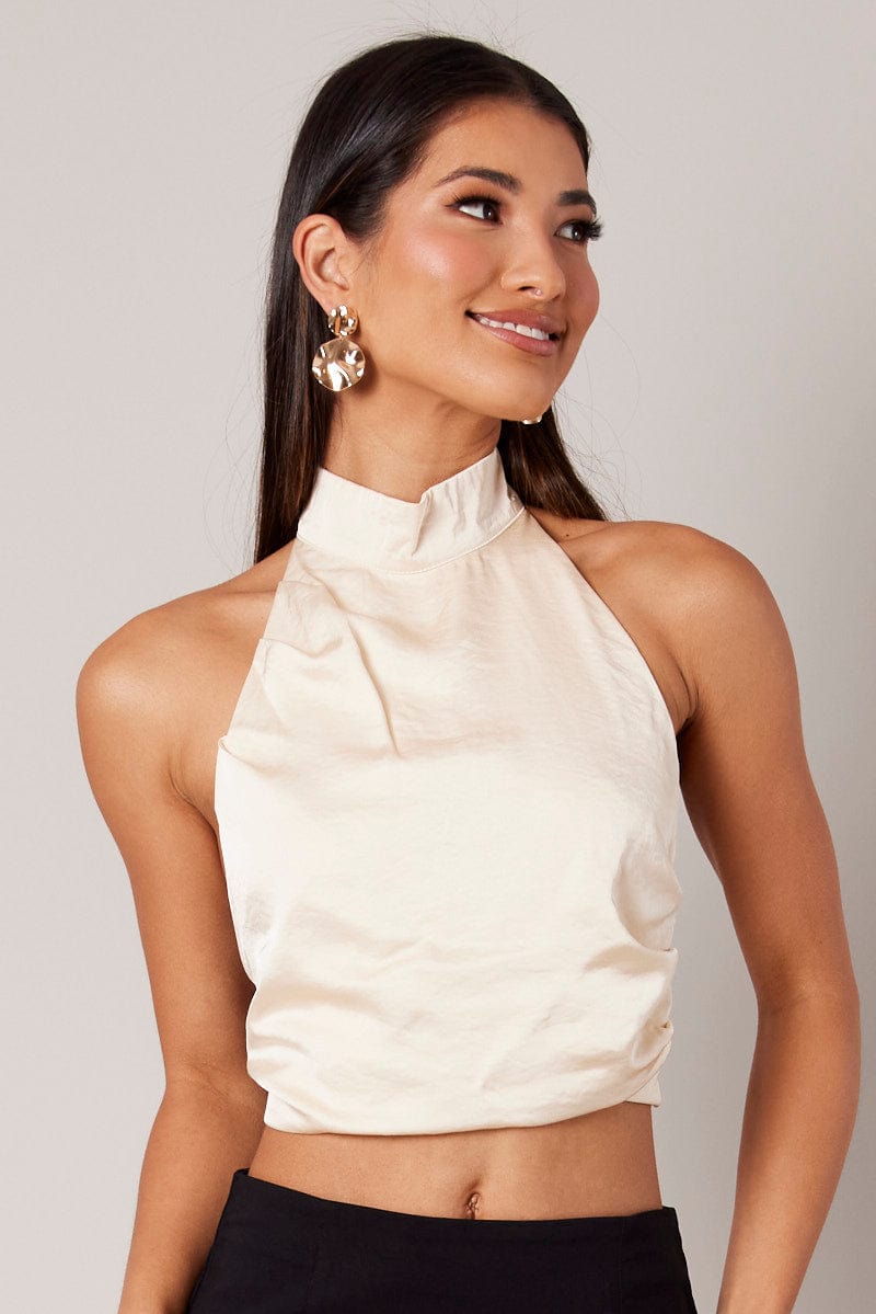 Beige High Neck Top Sleeveless Tie Back Satin for Ally Fashion