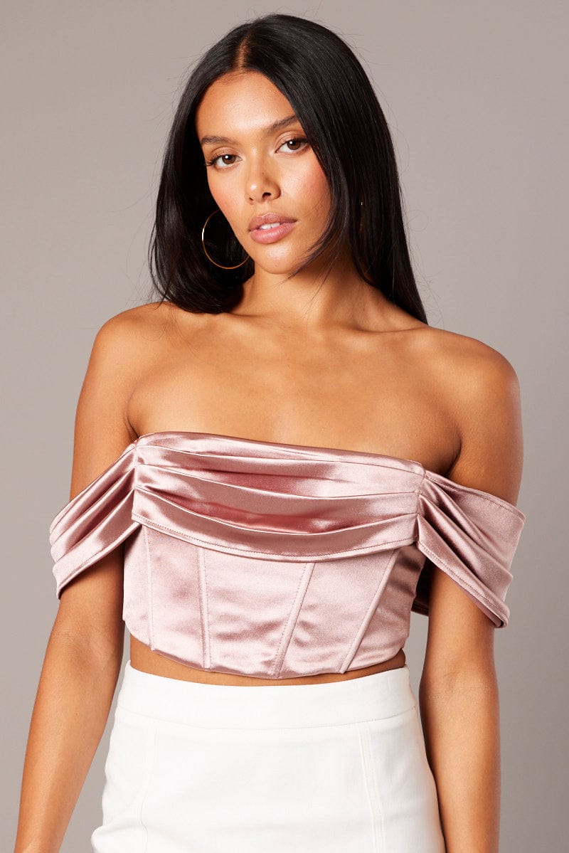 Pink Corset Top Off Shoulder Satin for Ally Fashion