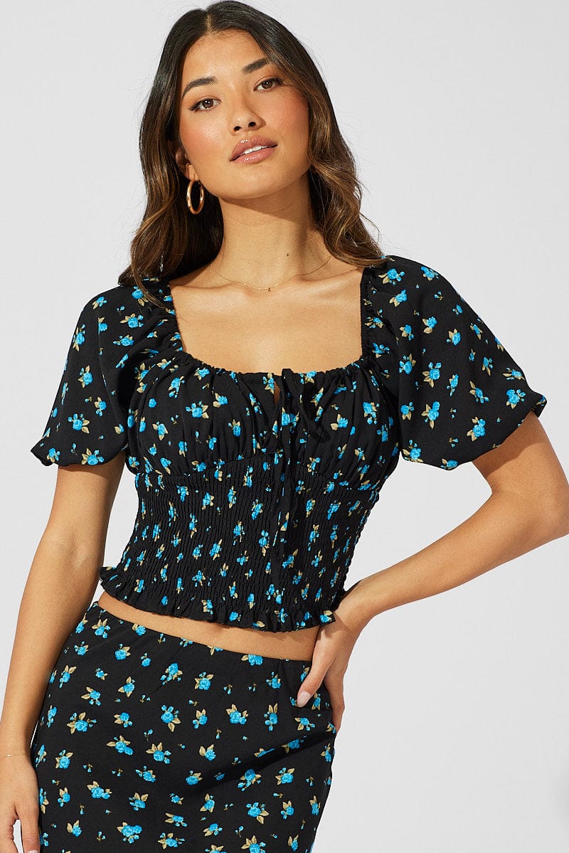 Blue Floral Crop Top Short Sleeve Floral for Ally Fashion