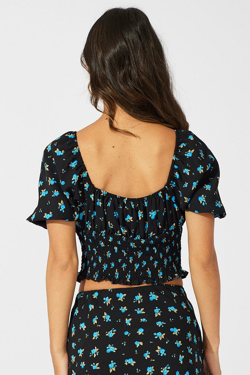 Blue Floral Crop Top Short Sleeve Floral for Ally Fashion