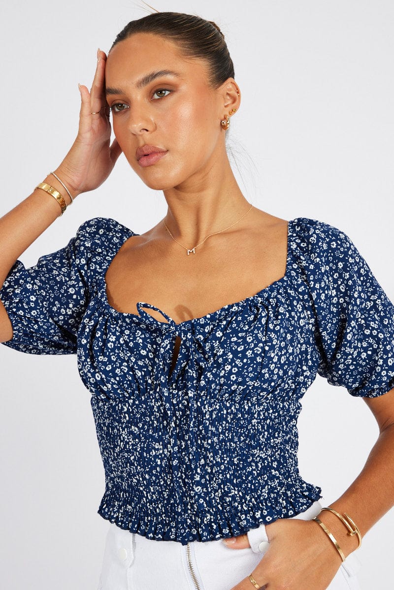 Blue Floral Crop Top Short Sleeve for Ally Fashion