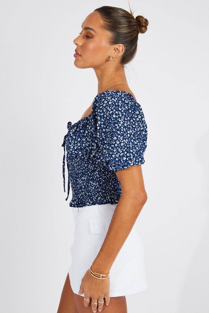 Blue Floral Crop Top Short Sleeve for Ally Fashion