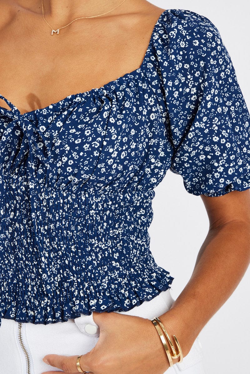 Blue Floral Crop Top Short Sleeve for Ally Fashion