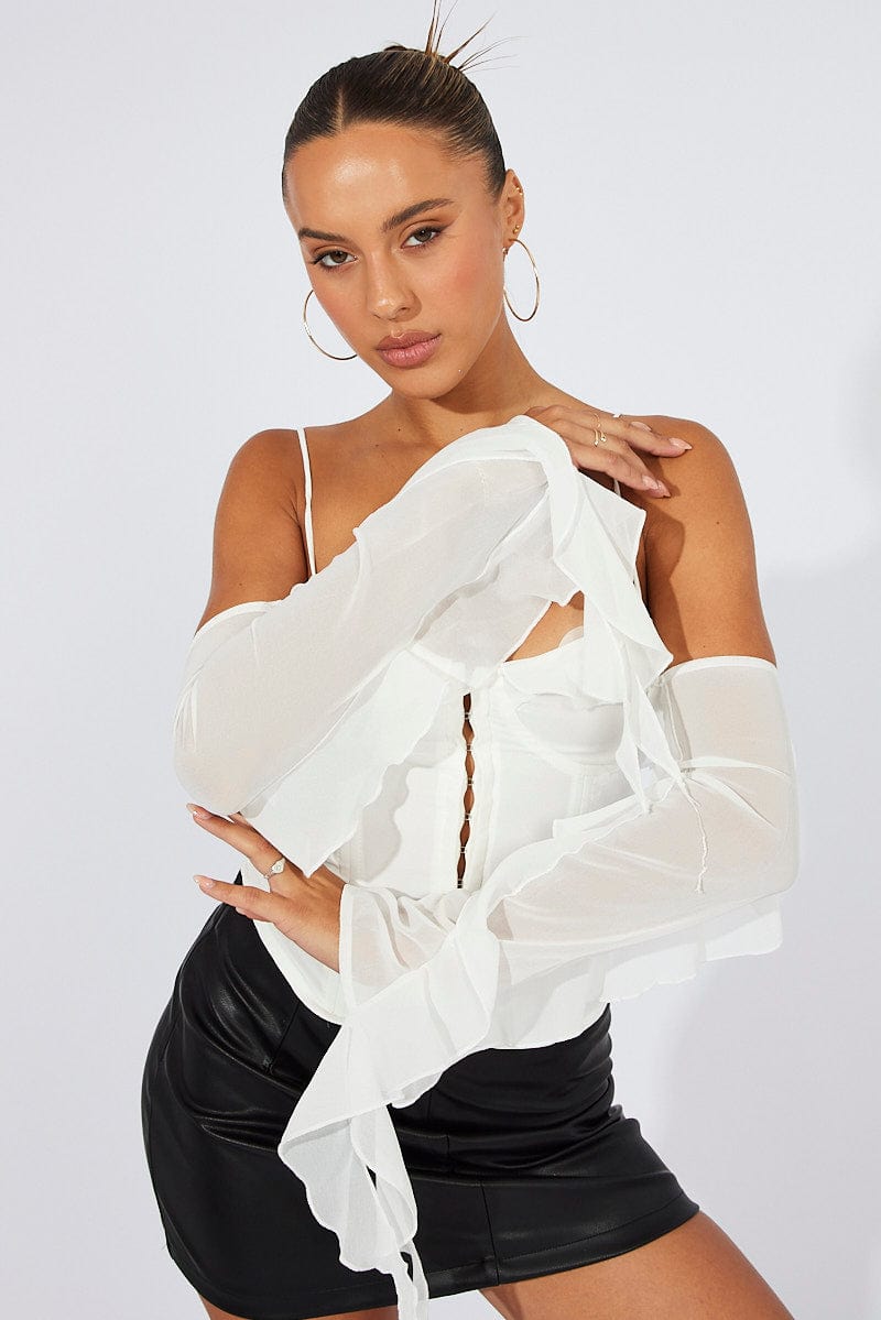 White Corset Top Off The Shoulder Ruffle Sleeves for Ally Fashion