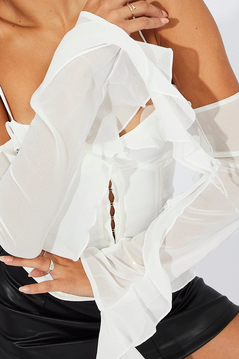 White Corset Top Off The Shoulder Ruffle Sleeves for Ally Fashion