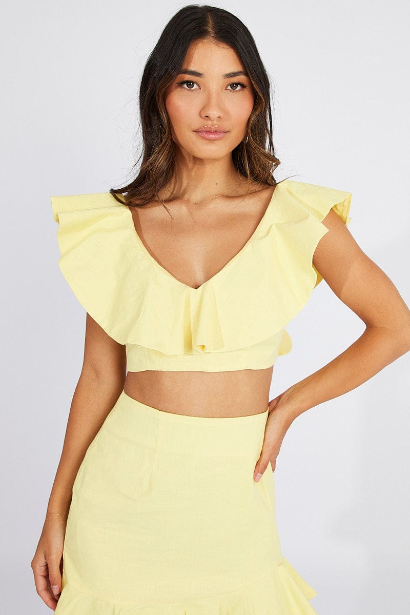 Yellow Raffles Top Yellow Plunge Crop Top Ruffle Shoulders | Ally Fashion