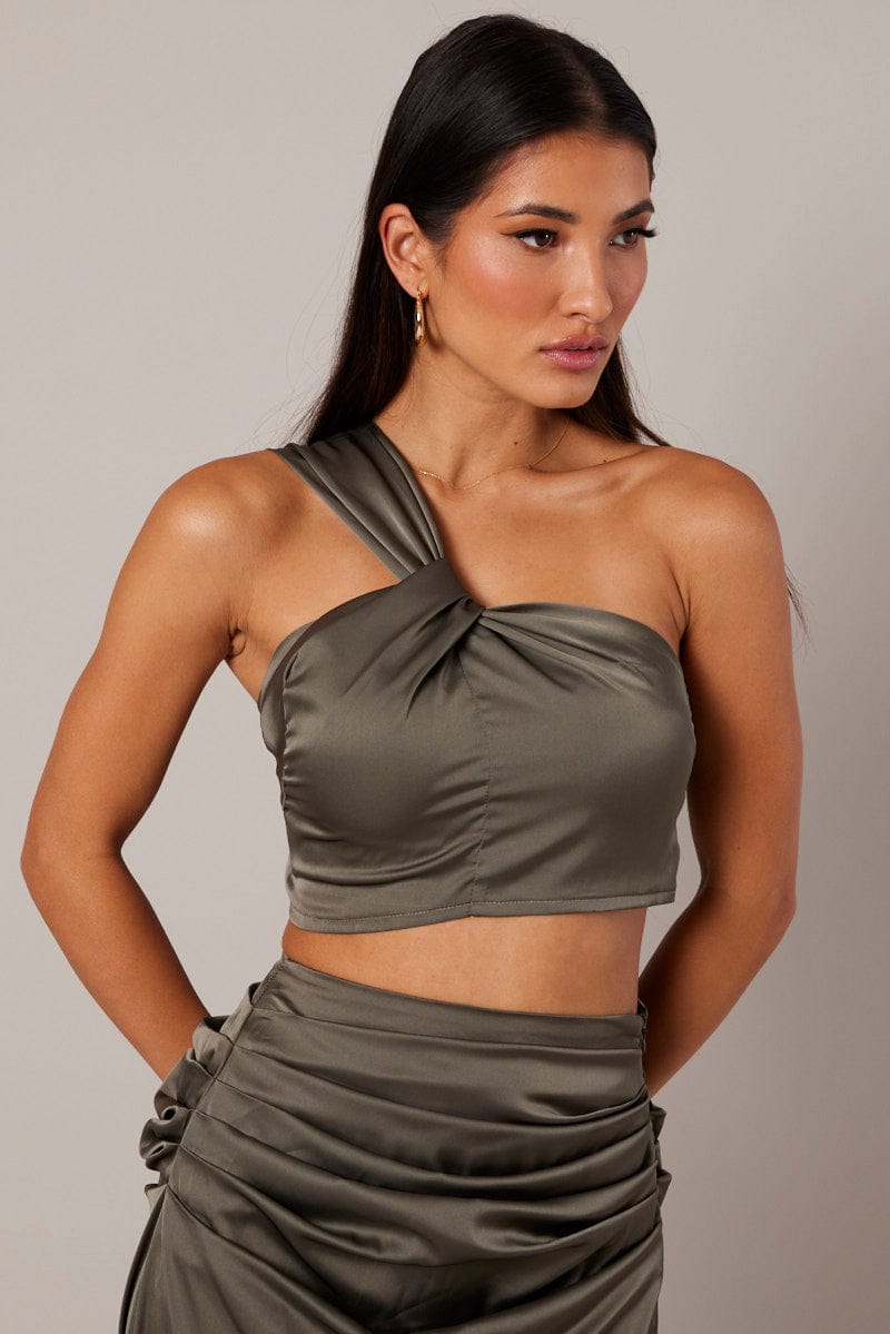 Green One Shoulder Crop Top Twist Satin for Ally Fashion