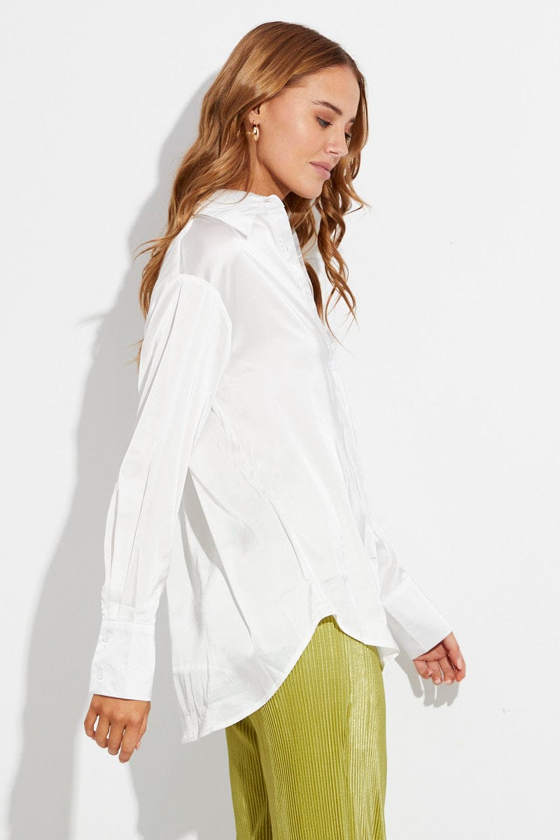 White Satin Long Sleeve Button Up Collared Shirt for Ally Fashion