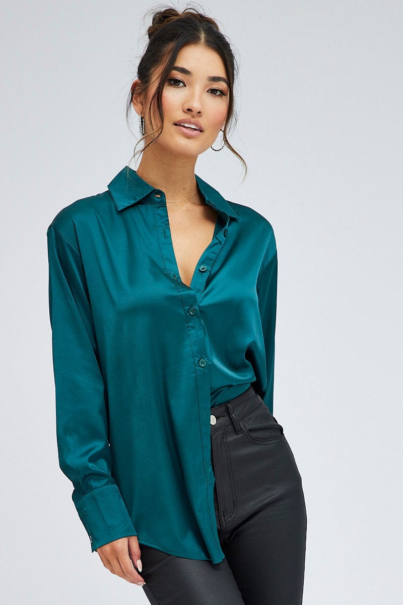 Green Shirt Long Sleeve Collared Neck Satin | Ally Fashion