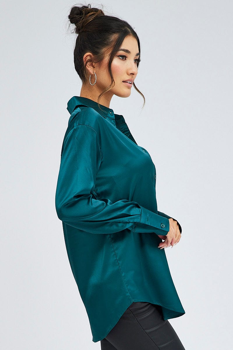 Green Shirt Long Sleeve Collared Neck Satin for Ally Fashion