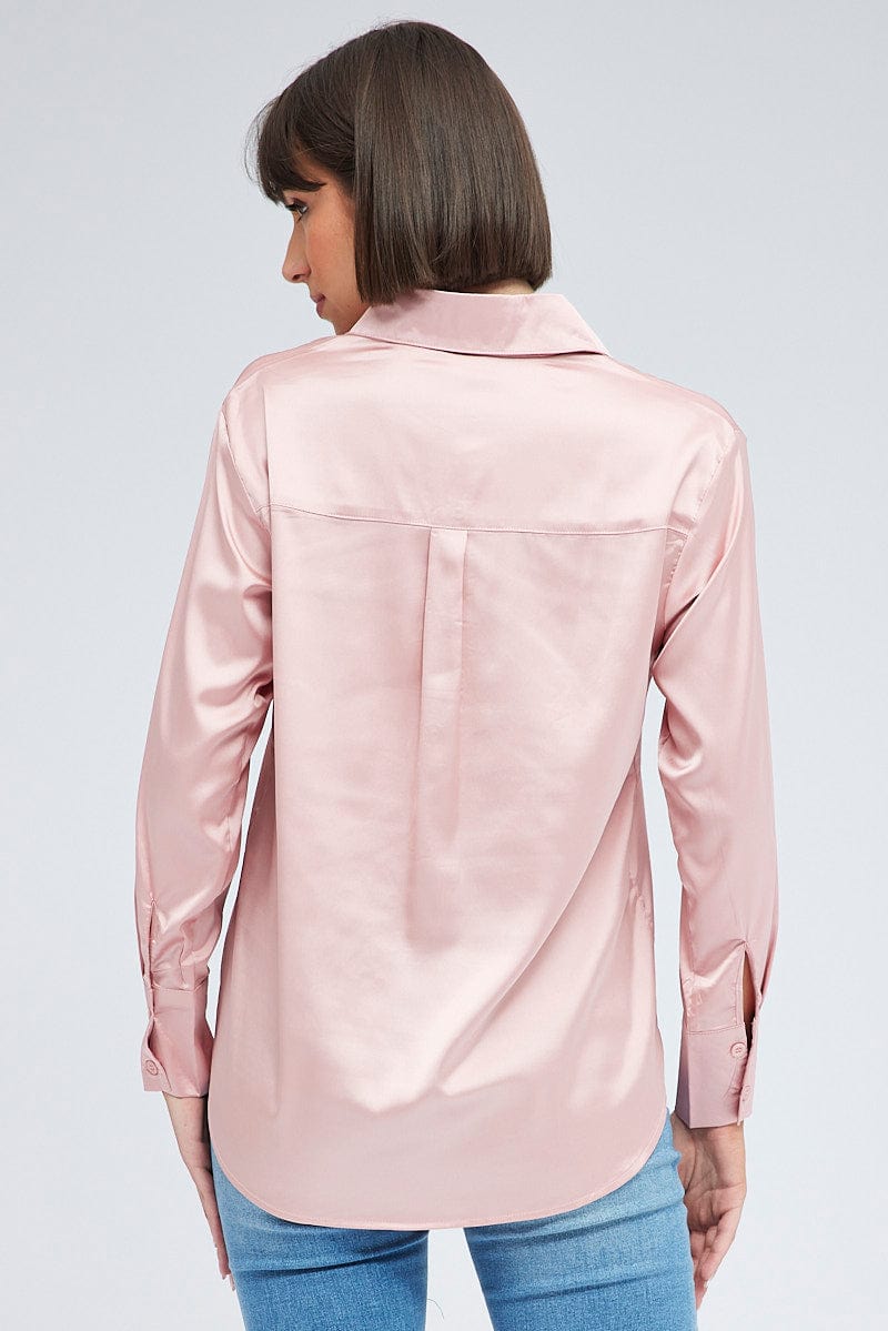 Pink Shirt Long Sleeve Collared Neck Satin for Ally Fashion