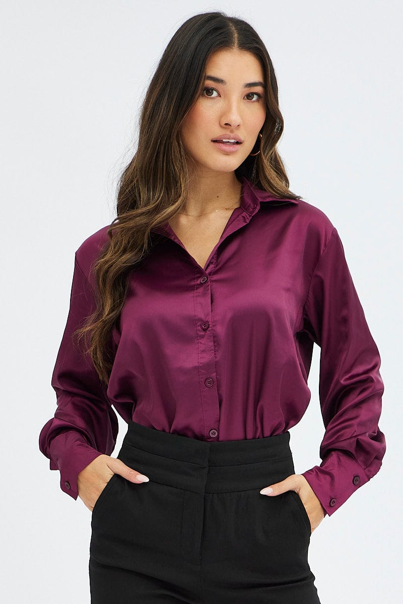 Purple Satin Shirt Long Sleeve Collared Neck | Ally Fashion