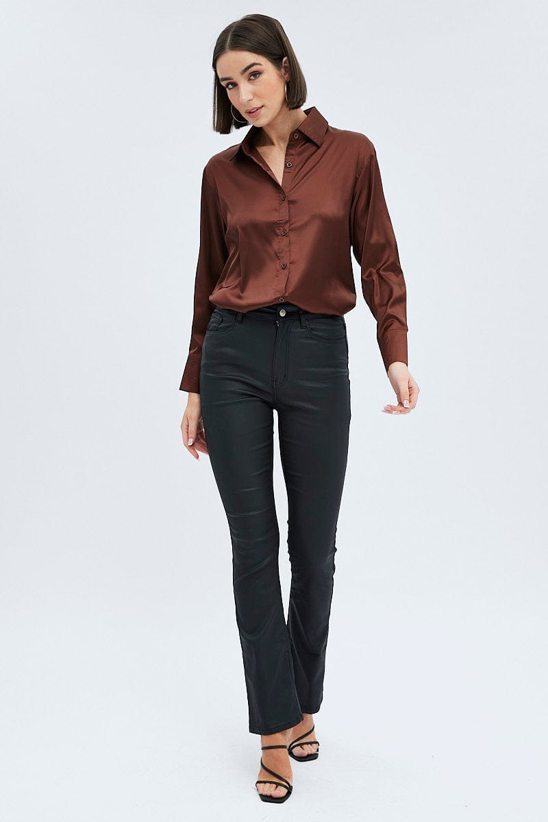 Brown Satin Shirt Long Sleeve Collared Neck for Ally Fashion