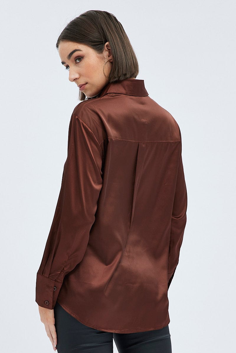 Brown Satin Shirt Long Sleeve Collared Neck for Ally Fashion