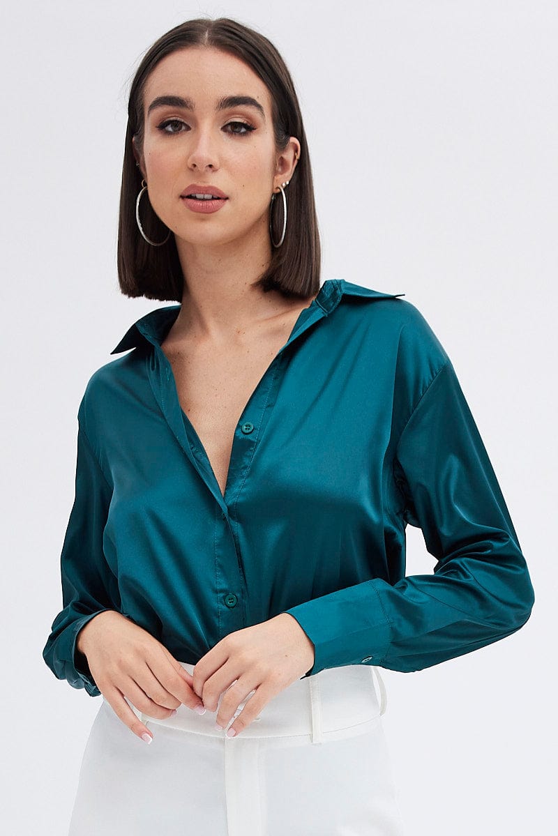 Green Satin Shirt Long Sleeve Collared Neck for Ally Fashion