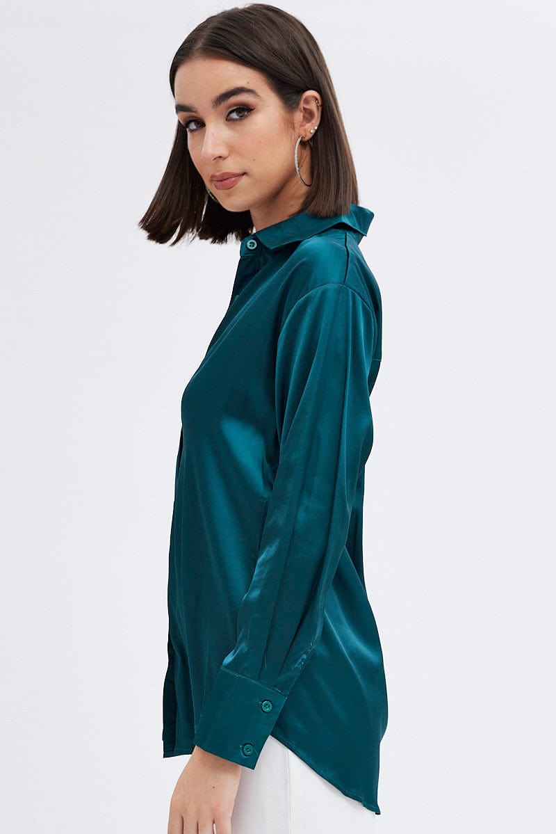 Green Satin Shirt Long Sleeve Collared Neck for Ally Fashion