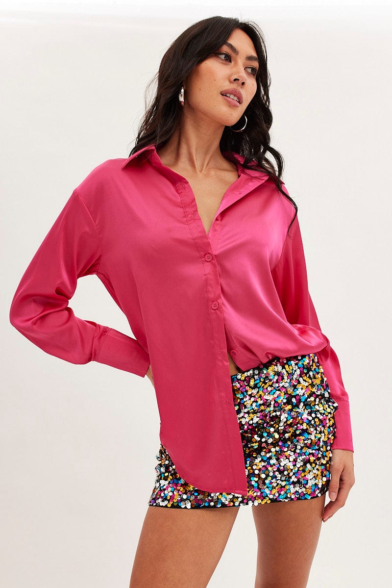 Pink Shirt Long Sleeve Collared Longline Satin for Ally Fashion