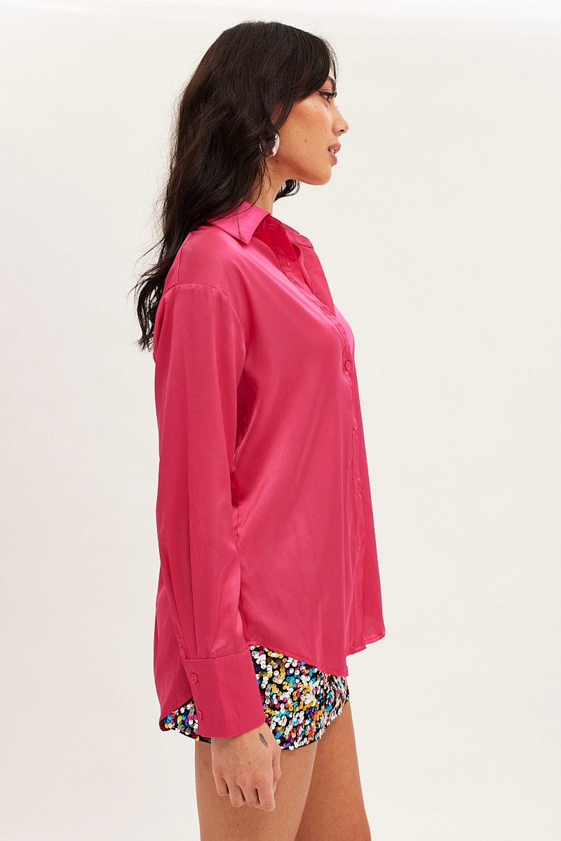 Pink Shirt Long Sleeve Collared Longline Satin for Ally Fashion