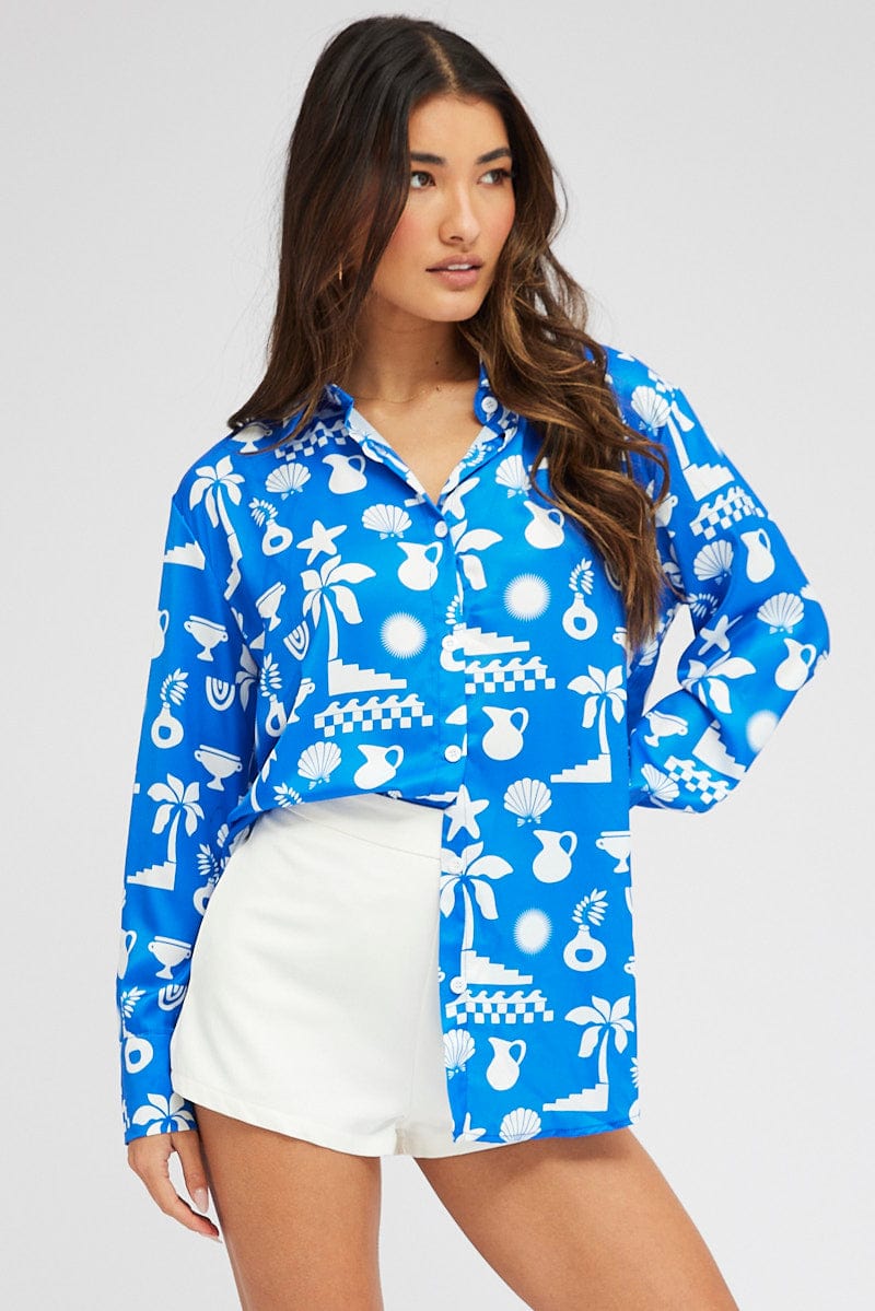 Blue Abstract Shirt Long Sleeve for Ally Fashion