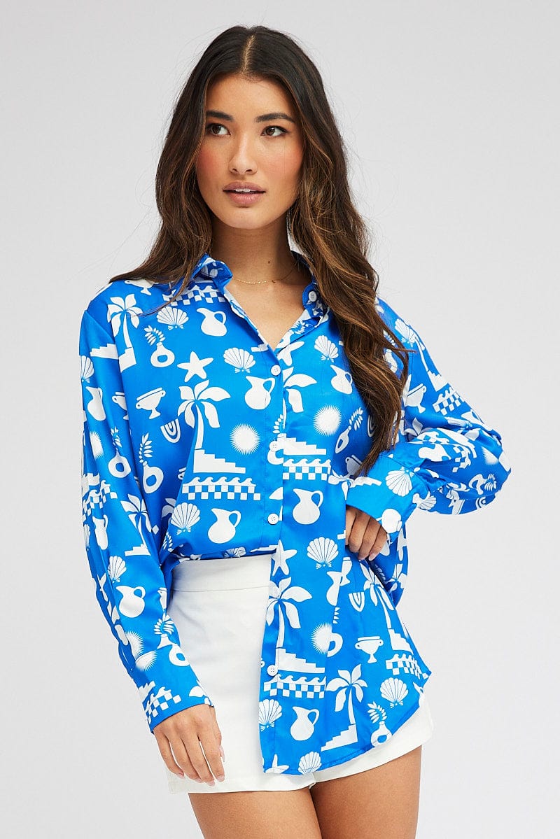 Blue Abstract Shirt Long Sleeve for Ally Fashion