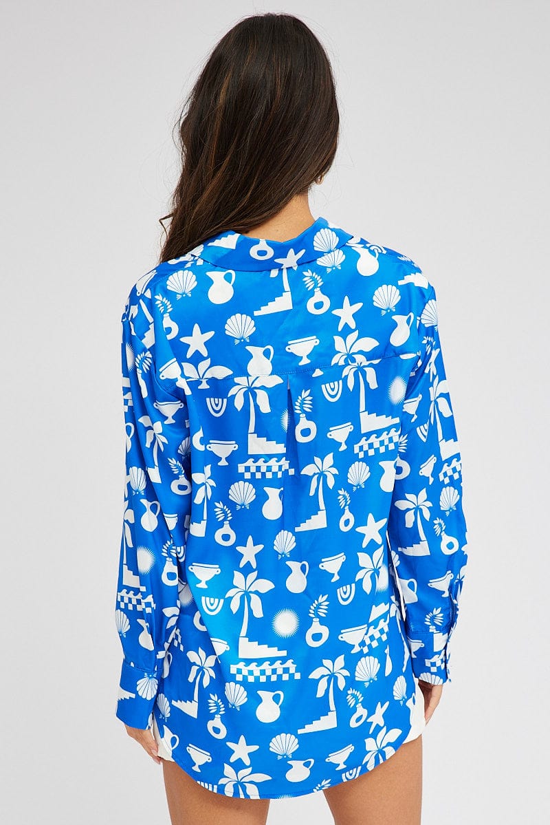 Blue Abstract Shirt Long Sleeve for Ally Fashion