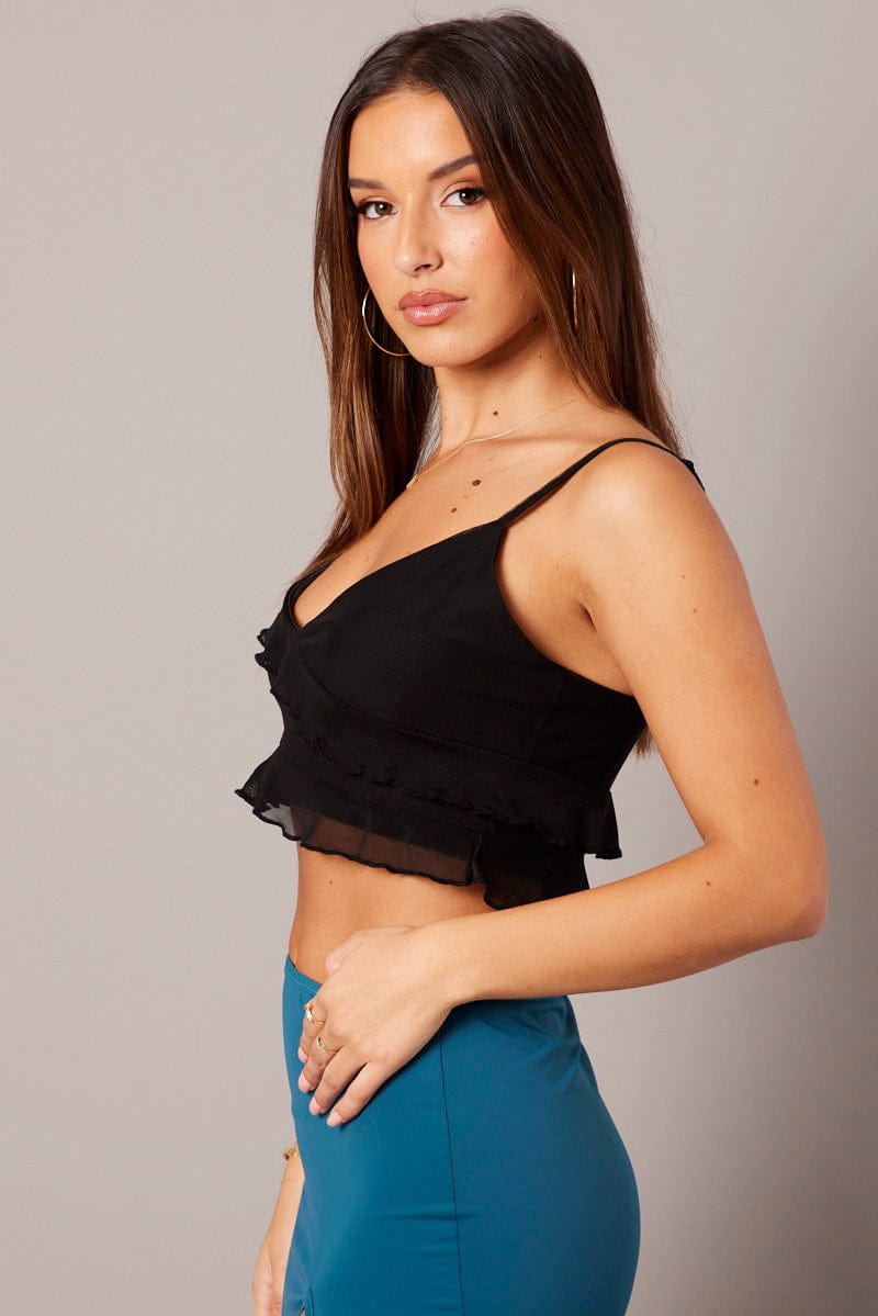 Black Ruffle Top Frilly Cami Crop Top for Ally Fashion
