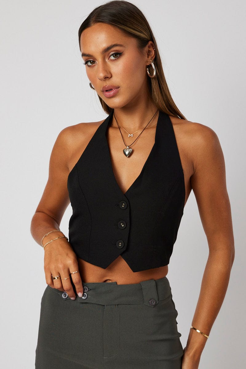 Black Vest Top Halter Neck Button Top for Ally Fashion