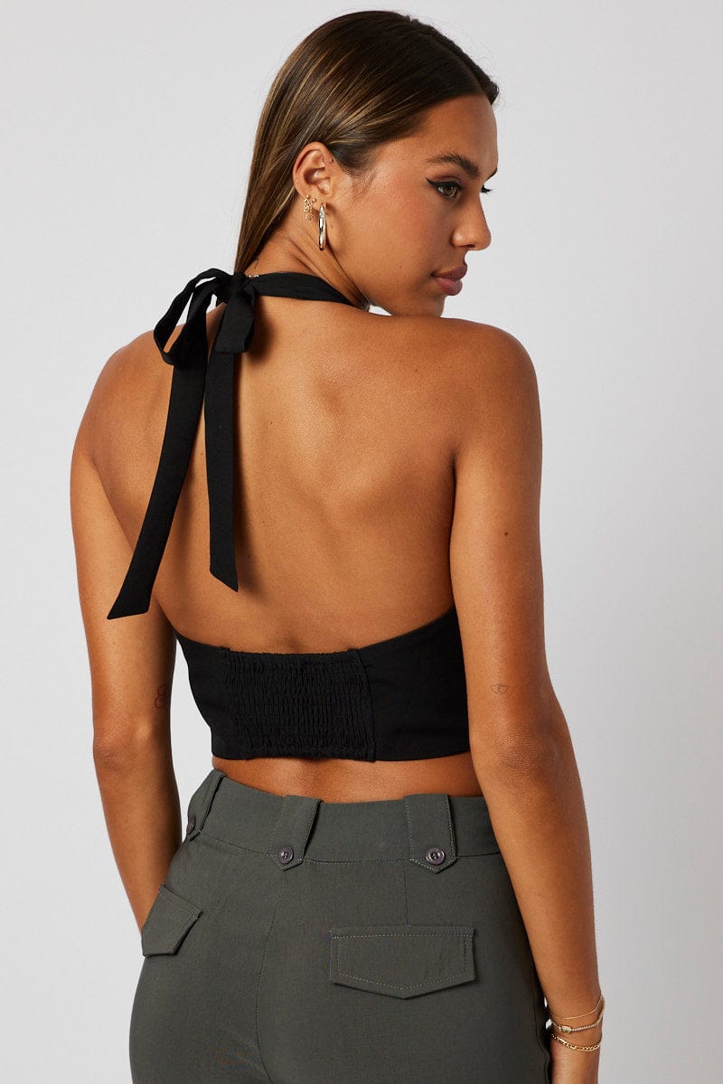 Black Vest Top Halter Neck Button Top for Ally Fashion