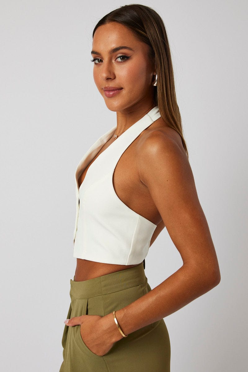 White Vest Top Halter Neck Button Top for Ally Fashion