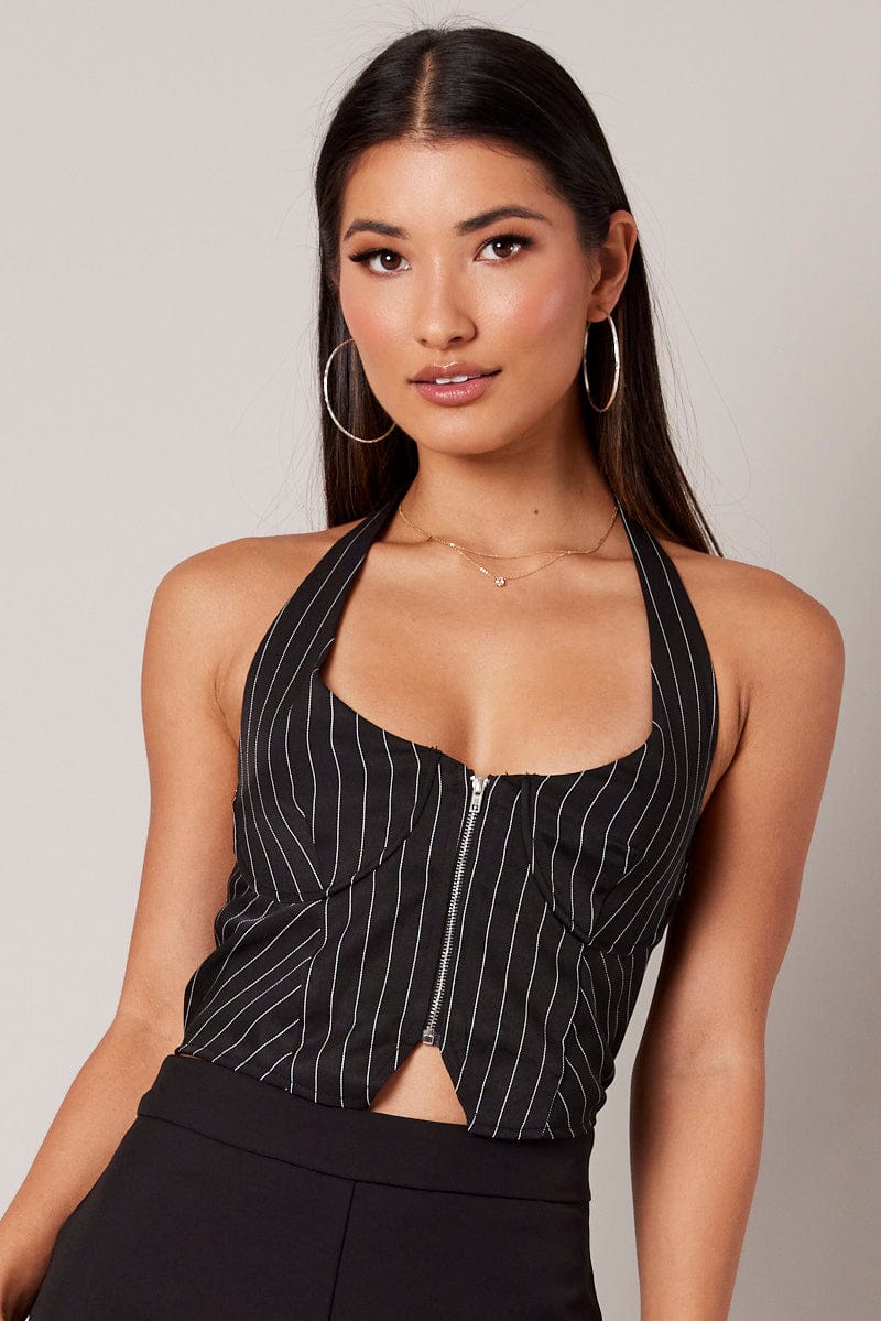 Black Stripe Halter Top Underwire Pinstripe Crop Top for Ally Fashion