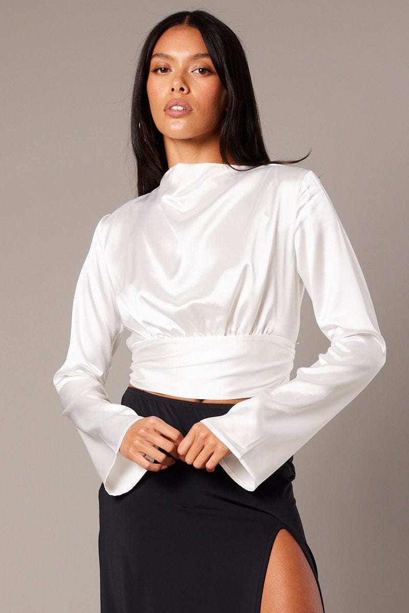 White Backless Top Flared Sleeve High Neck Blouse for Ally Fashion