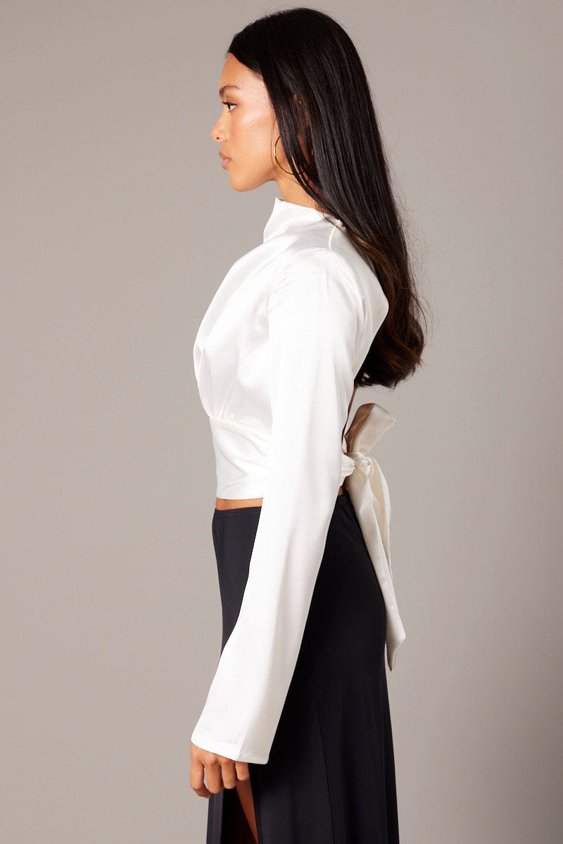 White Backless Top Flared Sleeve High Neck Blouse for Ally Fashion