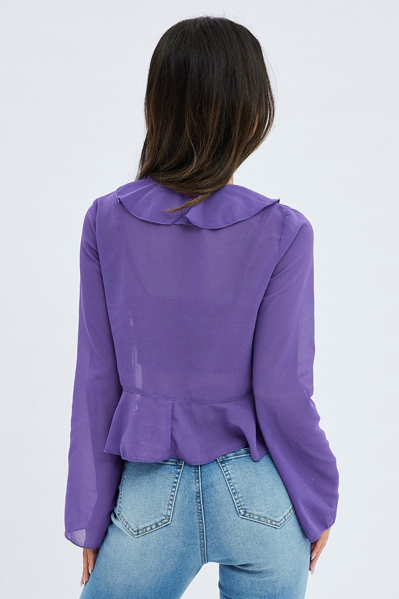 Purple Top Long Sleeve V Neck with Tie Ruffle Chiffon for Ally Fashion