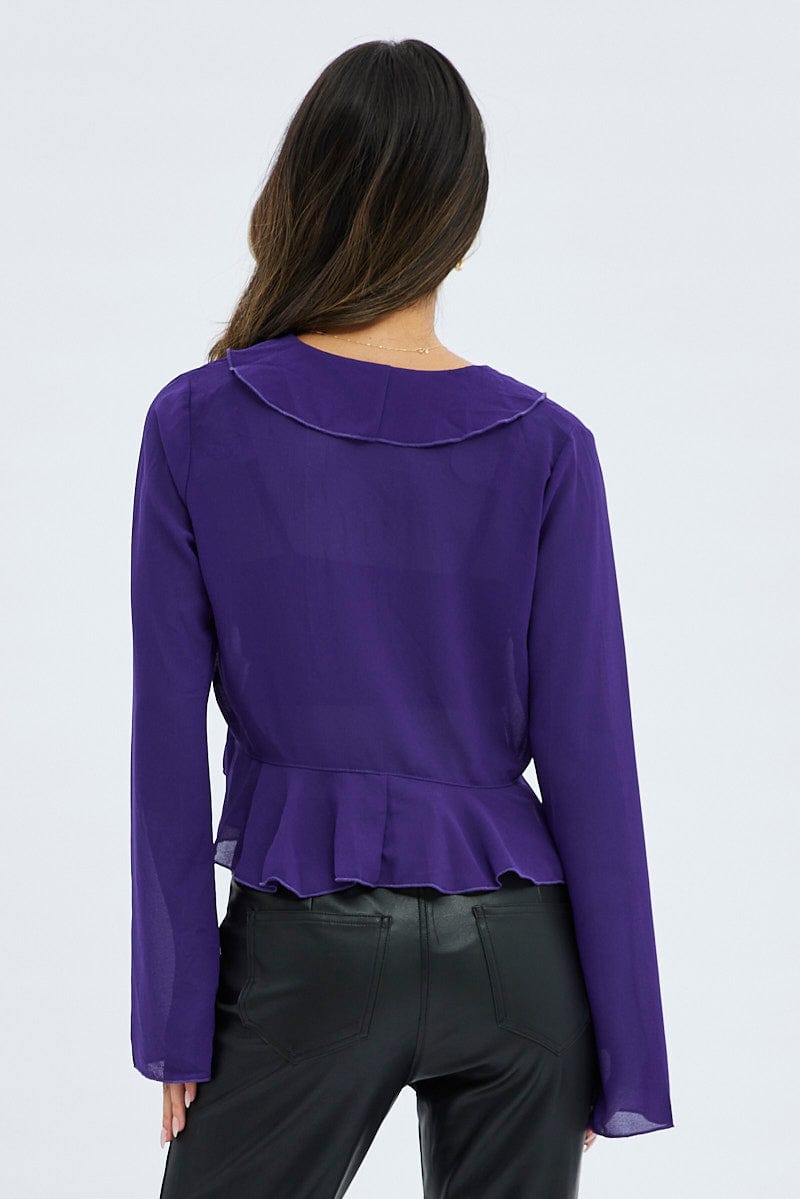 Purple Bolero Long Sleeve V Neck Ruffle Details Chiffon for Ally Fashion